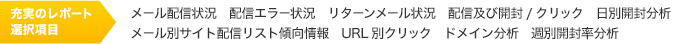 【充実のレポート選択項目】メール配信状況・配信エラー状況・リターンメール状況・配信及び開封/クリック・日別開封分析・メール別サイト配信リスト傾向情報・URL別クリック・ドメイン分析・週別開封率分析